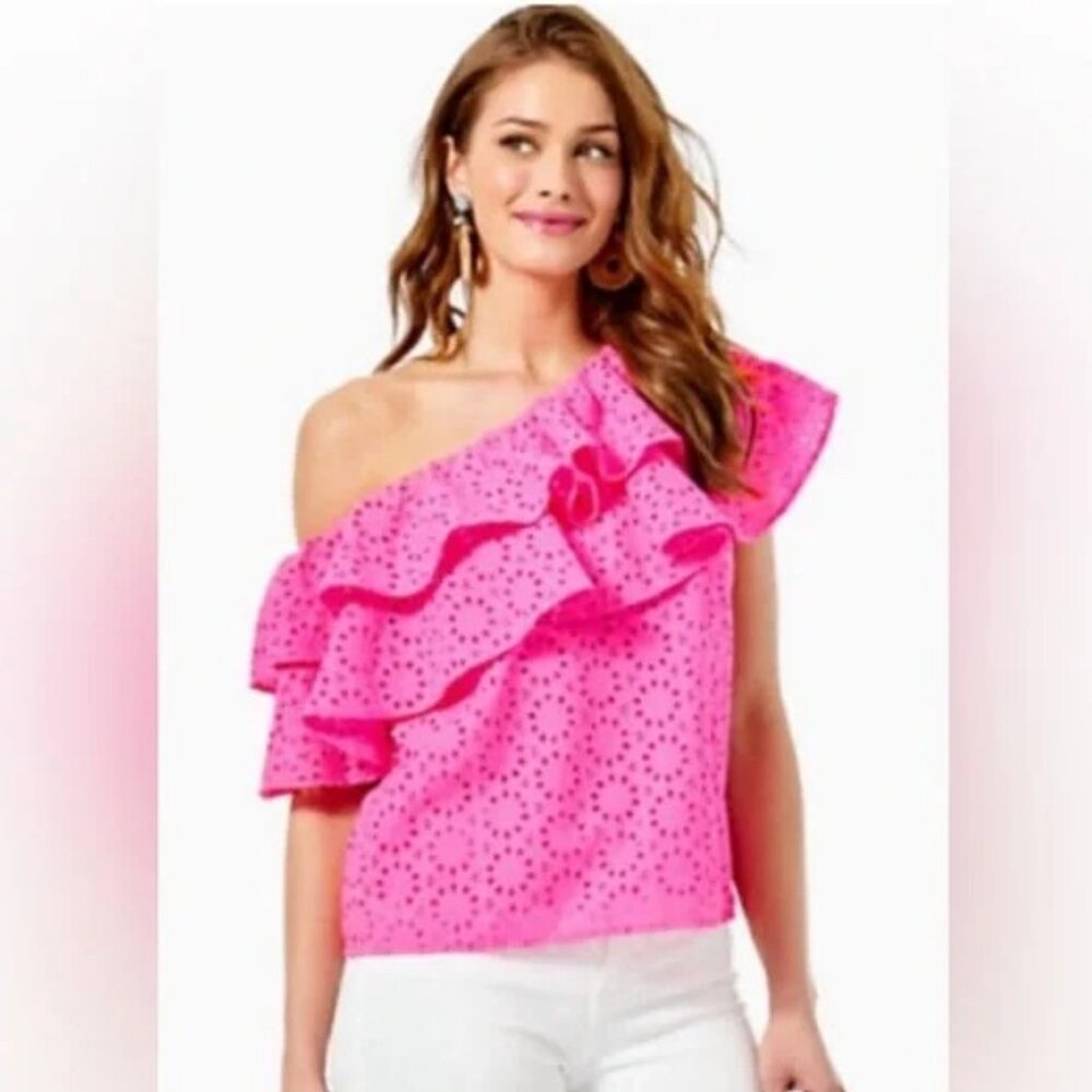 Lilly Pulitzer Trixie One-Shoulder Top Raz Berry Neon Sunburst Eyelet Pink S